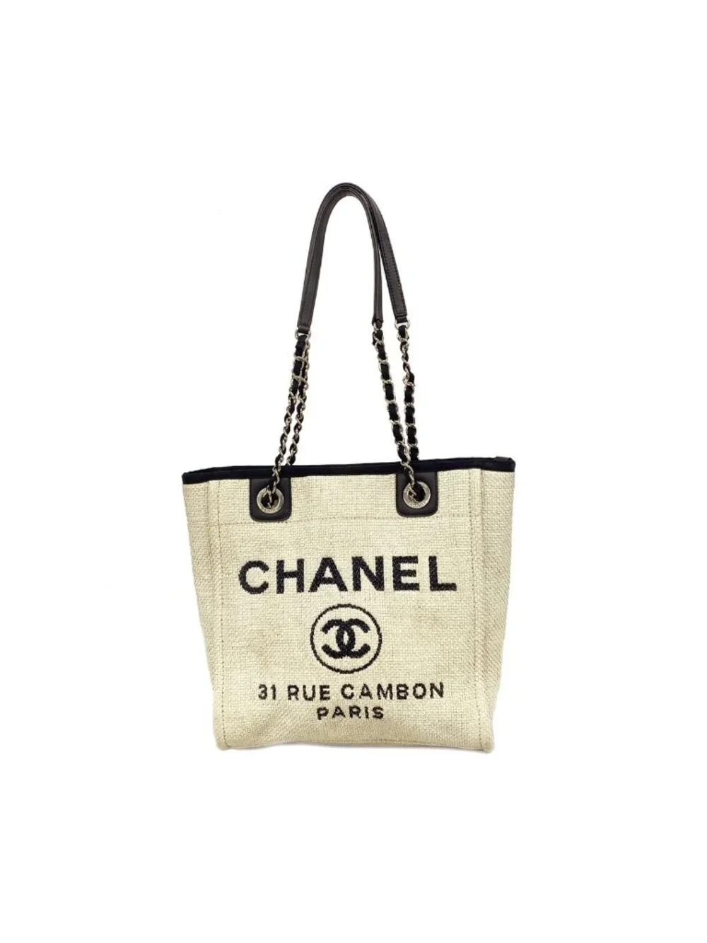 Chanel Chain Tote Bag Deauville Raffia Ivory Navy Silver